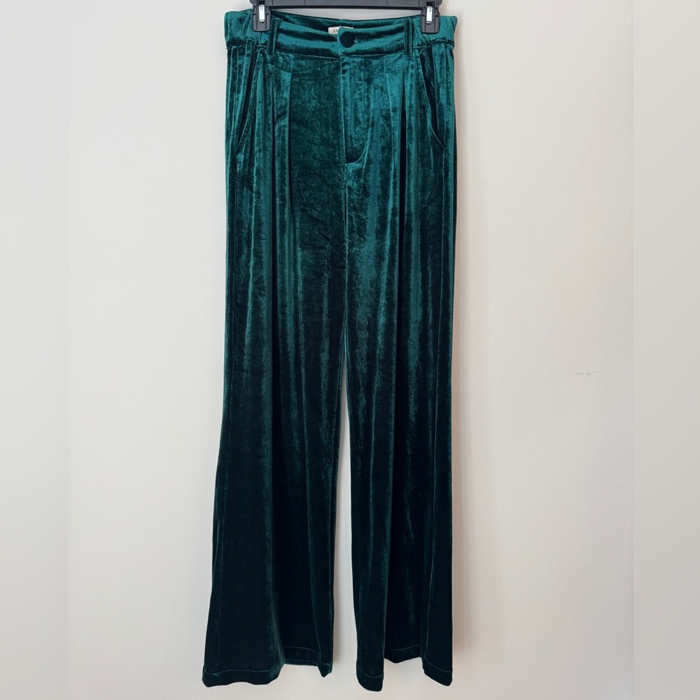 JODIFL Vanessa Emerald Green Velvet Wide-Leg Pants, Women’s Size S Small